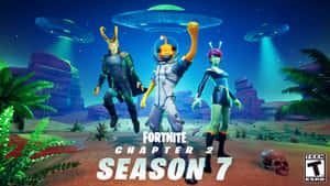 三個Fortnite外星角色在熱帶外星景觀中，在UFO下慶祝。