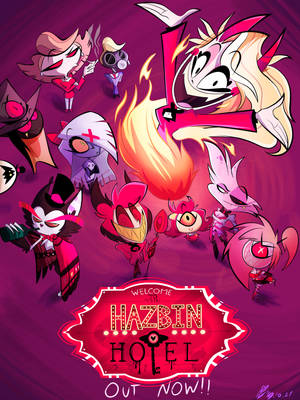 Hazbin Hotel 動畫角色在火熱的紫色宣傳海報中。