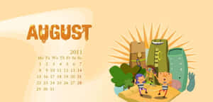 2011年8月日曆，卡通小朋友喺動畫建築附近玩耍。