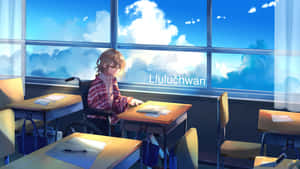 動漫女孩坐輪椅在學校書桌前看窗外藍天白雲