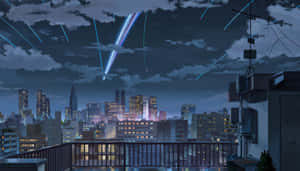 夜晚的動漫城市天際線，發光的建築物和天空中劃過的藍色光線。