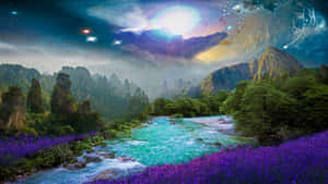 一條神奇的河流在星空宇宙天空下蜿蜒穿過紫色花朵，伴隨著高聳的山脈。 — 島嶼 壁紙