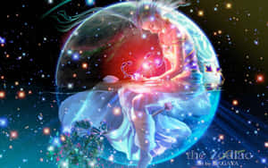 一個發光的星座人物坐在一個被星星和宇宙水域包圍的星球上。