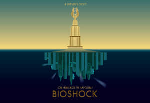 一座金色尖塔從水下城市中浮現，帶有Bioshock文字 — 生化奇兵 壁紙