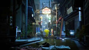 撐著黃色雨傘的人在雨夜霓虹燈閃爍的日本小巷中行走。