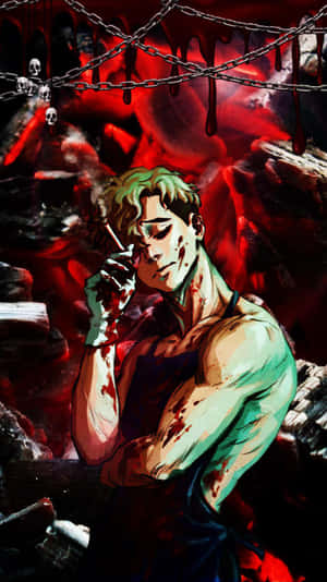 一個血淋淋的動漫男人在帶有鎖鏈和頭骨的燃燒地獄場景中抽煙。