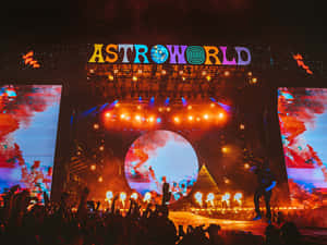 在發光的舞台下，帶有 'ASTROWORLD' 標誌的彩色夜間演唱會人群。