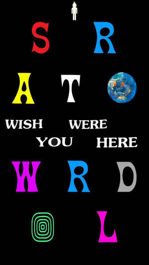 色彩繽紛的散落字母拼出「Strat Wish You Were Here World」，帶有地球和微小的人類剪影。