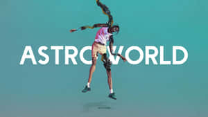 一個舞者，擁有機械四肢，在青綠色背景上跳躍，背景上有「ASTROWORLD」文字。