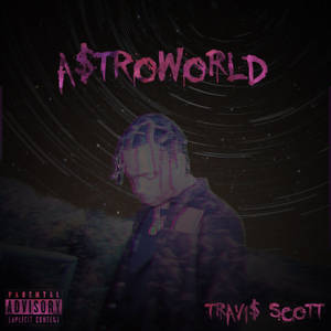 Travis Scott 在黑暗的太空場景中，有星軌和粉紅色霓虹燈文字。