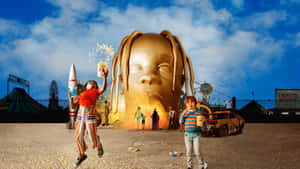 孩子們在Travis Scott主題活動中，在巨型金色嬰兒頭雕塑附近玩爆米花和火箭。