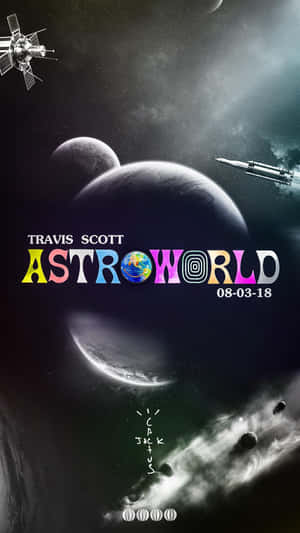 太空場景，有行星、火箭和衛星，宣傳Travis Scott的Astroworld活動。