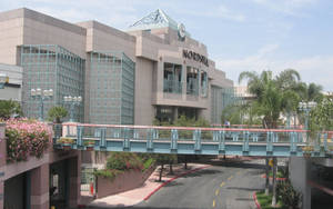 Nordstrom建築，設有行人天橋和棕櫚樹，在藍天下。 — 加州 壁紙