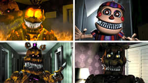 Four scary animatronic characters with glowing eyes and sharp teeth in dark rooms.