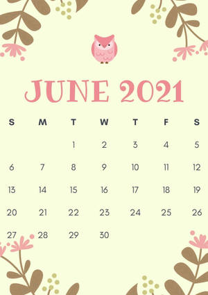 2021年6月日曆，配有粉紅色貓頭鷹和花卉點綴。