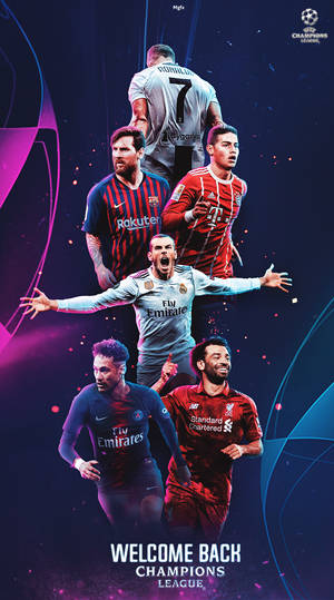 足球明星以動作姿勢呈現，並帶有「Welcome Back Champions League」文字。