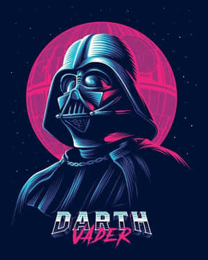 達斯維達戴著標誌性頭盔，身後是發光的粉紅色死星。