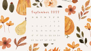 2022年9月月曆，帶有秋季主題的水彩水果和樹葉插圖。