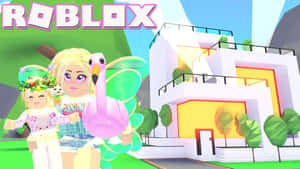 兩個帶有蝴蝶翅膀的Roblox頭像和一隻粉紅色火烈鳥靠近一棟現代房子。
