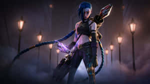 動漫戰士手持發光武器，在燈籠照亮的霧夜小巷中 — 魔法 GIF 壁紙