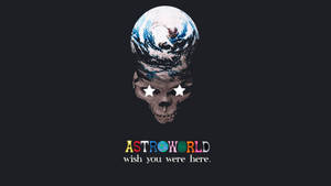 彩色AstroWorld文字下方的地球儀頭部星星眼睛骷髏。