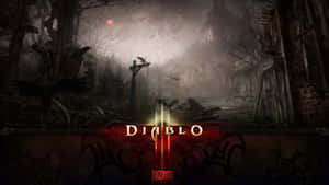紅色月亮下的哥德式村莊遺跡，帶有 Diablo III 標誌。