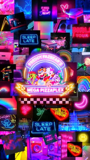 霓虹燈招牌拼貼畫，以 Freddy Fazbear's Mega Pizzaplex 和其他發光流行文化圖標為特色。