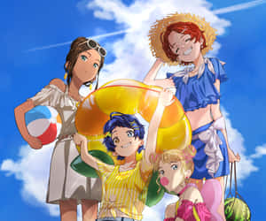 四個穿著夏日服裝的動漫女孩在晴朗的天空下拿著沙灘玩具。