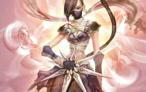 動漫女戰士手持星形武器，背景是旋轉的粉紅色能量。