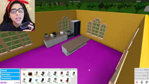 虛擬 Roblox 廚房，紫色地板和黃色牆壁，顯示遊戲介面。