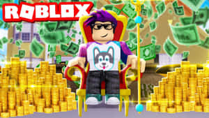 Roblox 頭像坐在王座上，周圍有金幣和掉落的現金。