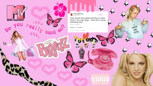 粉紅色流行文化拼貼畫，包含 Britney Spears、Bratz 娃娃和 MTV 標誌。