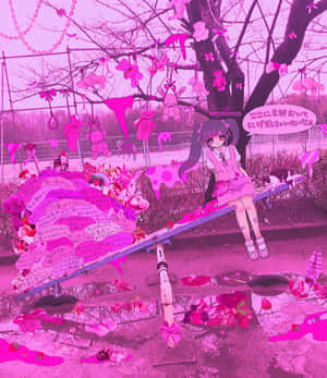 動漫女孩在蹺蹺板上，粉紅色超現實遊樂場，有泰迪熊和黏液。 — Motorola Razr 70 Ultra 壁紙