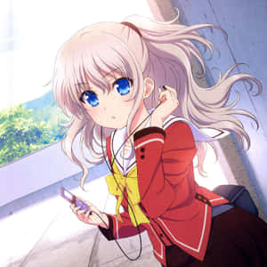 穿著紅色校服的動漫少女在陽光明媚的日子裡聽音樂。