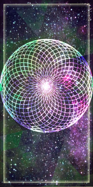 一個發光的幾何球體在色彩繽紛的宇宙星雲背景下散發光芒。