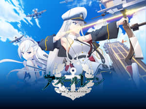 兩個動漫女孩穿著海軍制服從航空母艦上發射大砲，天空中有飛機。