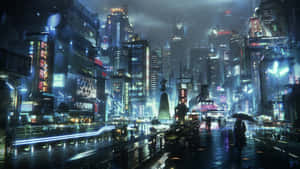 撐傘的人在夜晚的雨中霓虹燈城市中行走。