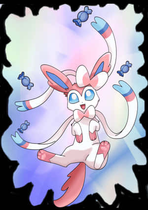 Sylveon被漂浮的藍色糖果包圍，背景是粉彩漸變色。