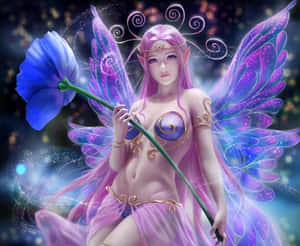 一位發光的紫色翅膀仙女，在神奇的宇宙環境中手持一朵巨大的藍色花朵。