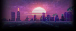 夕陽下霓虹燈照亮城市，有條紋太陽和發光建築。