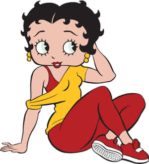 Betty Boop 卡通角色穿著紅色褲子和黃色上衣坐著。 — Galaxy Z Flip 8 壁紙