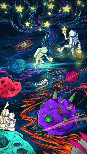 太空人在夢幻般的宇宙場景中漂浮在色彩繽紛的行星和發光的星星之間。