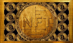 金色NFT硬幣被比特幣硬幣包圍，形成一個鑲框的數位藝術品。