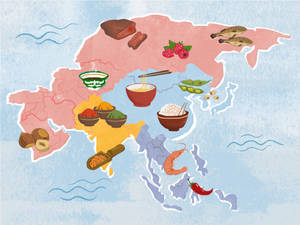 水彩插圖亞洲地圖，包含麵條、米飯和香料等地區美食。 — 亞洲 壁紙
