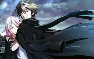兩個動漫角色在暴風雨的天空下擁抱，身後是城市建築。