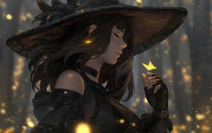 動漫女巫在黃昏時分的魔法森林中捧著發光的蝴蝶。 — 森林 壁紙