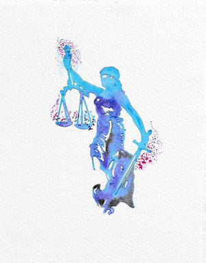 Lady Justice 以水彩風格手持天秤和劍。