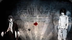 兩個動漫角色在一個黑暗的房間裡，有「DEATH NOTE」塗鴉和血。