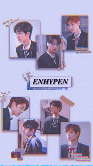 ENHYPEN 成員身穿校服的拼貼照片，附有裝飾文字和花卉點綴。
