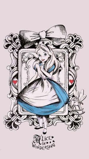 愛麗絲夢遊仙境插圖，帶有華麗邊框和藍色裙子。 — 奇幻 壁紙